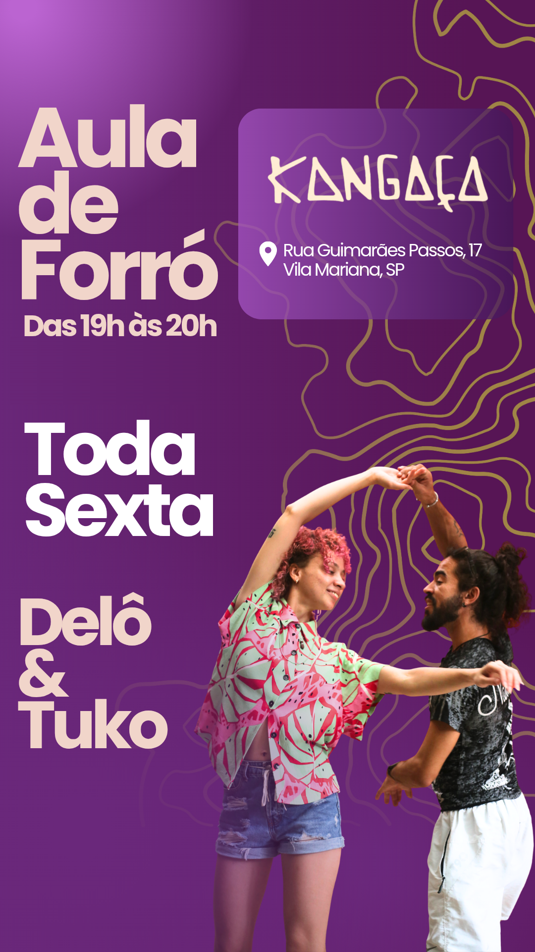 Flyer Aula de Forró no Kangaça toda sexta com Delô & Tuko